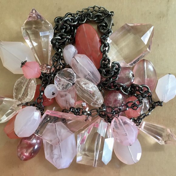 Gun Metal Silver Pink Acrylic Crystal Necklace - Picture 2 of 10